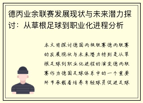 德丙业余联赛发展现状与未来潜力探讨：从草根足球到职业化进程分析
