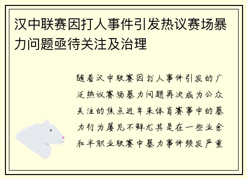 汉中联赛因打人事件引发热议赛场暴力问题亟待关注及治理