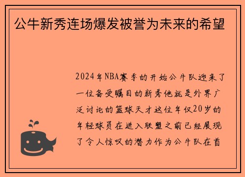 公牛新秀连场爆发被誉为未来的希望