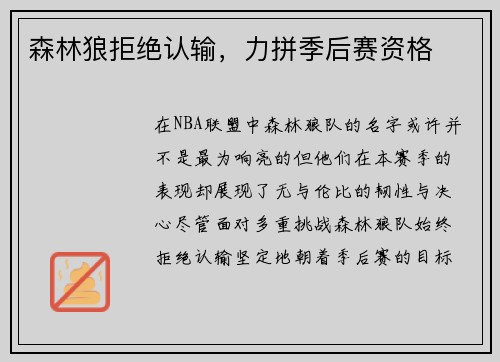 森林狼拒绝认输，力拼季后赛资格